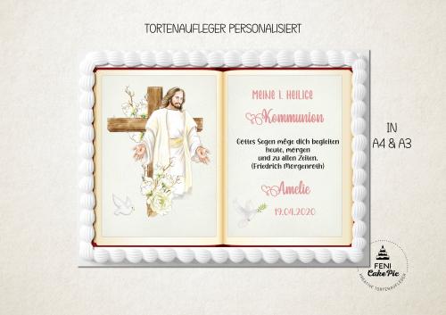 Tortenaufleger zur Kommunion "Jesus" personalisiert mit Text in Rosa eckig Buchform